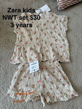 Zara Kids Cream Floral Two-Piece Set with Pink & Yellow Flowers